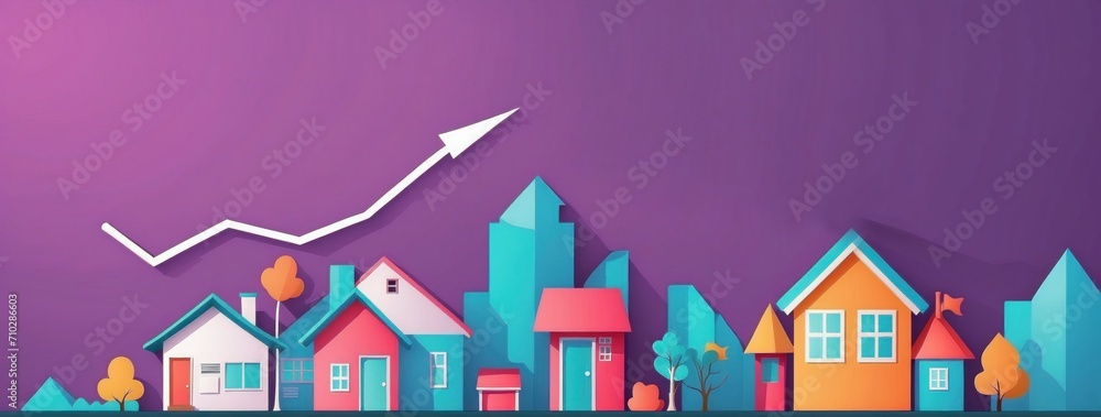 graphic representation of the increase in the value of the home and the mortgage. Illustration of houses and arrows representing home prices and mortgage inflation, all in vibrant colors. graphic representation of the increase in the value of the home and the mortgage. Illustration of houses and arrows representing home prices and mortgage inflation, all in vibrant colors.