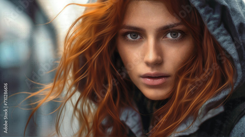 Outdoor portrait of a woman with red hair blowing in the wind. She is wearing a light blue hoodie and is staring intently at the viewer. photo