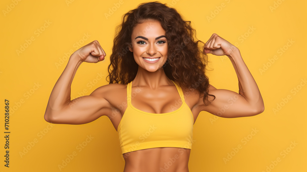 Strong athletic female showing muscle in yellow top Strong athletic female showing muscle in yellow top