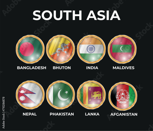 set of 3D illustrations of south asian states flags in circle shape