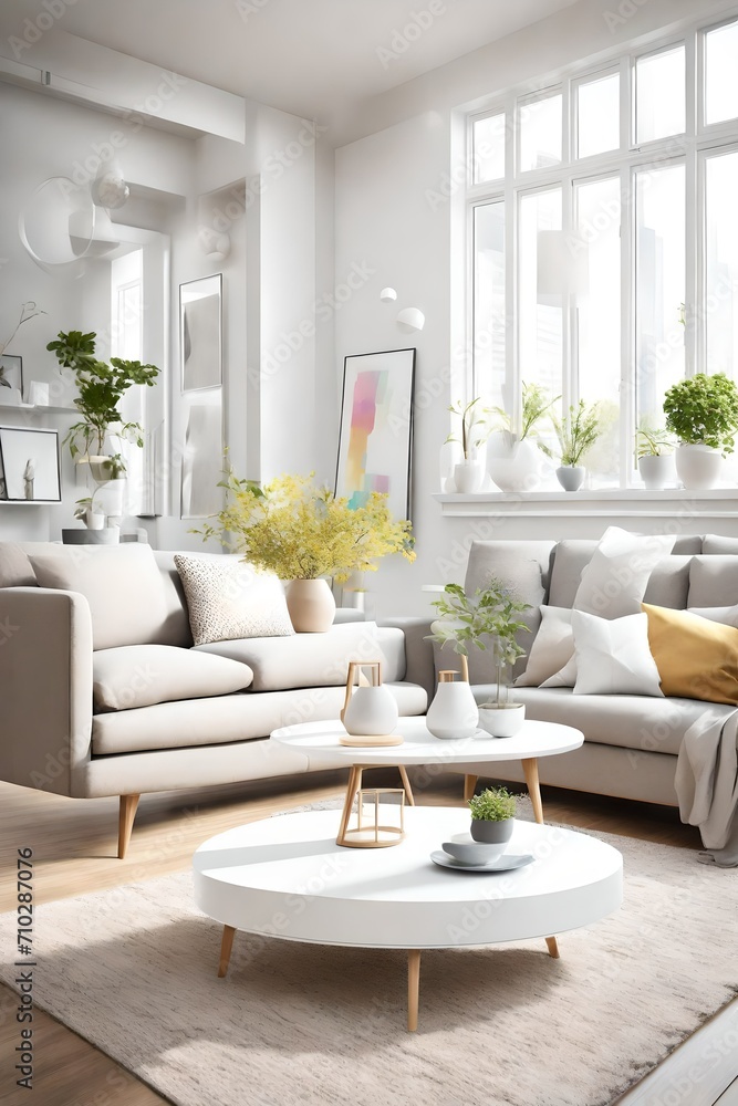 A bright and airy living room with large windows, a simple white coffee table, and a blank white empty frame mockup on the wall. The room is adorned with colorful vases. A bright and airy living room with large windows, a simple white coffee table, and a blank white empty frame mockup on the wall. The room is adorned with colorful vases.