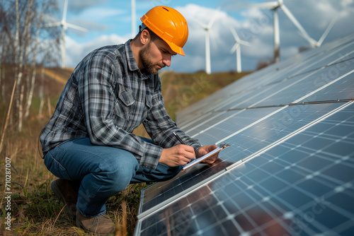 Technician Recording Data on Solar Panel Installation with Windmills Behind