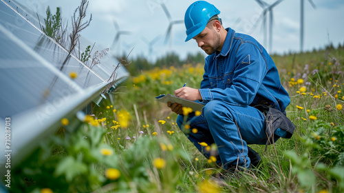 Field Engineer Analyzing Solar Panel Efficiency Amidst Wildflowers and Windmills