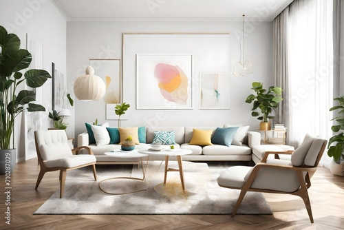 A snapshot of a serene living space adorned with straightforward furnishings  a blank white empty frame mockup  and a splash of lively colors that emanate tranquility.