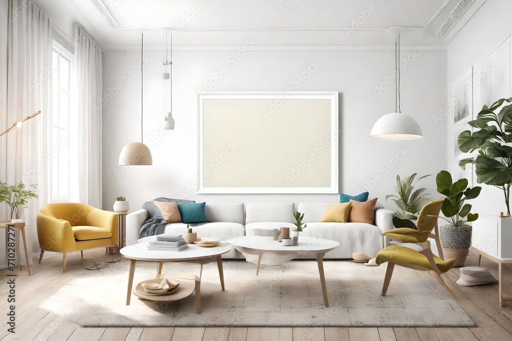 A snapshot of a serene living space adorned with simple furnishings, a blank white empty frame mockup, and a splash of lively colors that emanate tranquility. A snapshot of a serene living space adorned with simple furnishings, a blank white empty frame mockup, and a splash of lively colors that emanate tranquility.