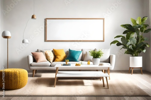 A snapshot of simplicity in a living room adorned with straightforward furniture, a blank white empty frame mockup, and a refreshing burst of bright colors adding vibrancy to the scene.