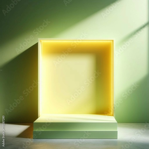 Lime green yellow glow minimal abstract background for product presentation, shadow and light from windows on plaster wall, product podium