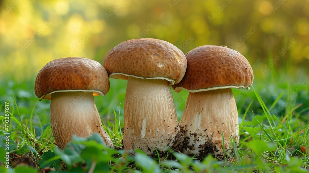 Group Boletus Edulis mushroom with brown hat (cep, porcini, king bolete, penny bun). Edible wild mushroom Group Boletus Edulis mushroom with brown hat (cep, porcini, king bolete, penny bun). Edible wild mushroom