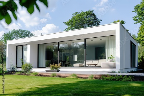 modern minimalistic home with a green garden. large sliding windows and a big white coach © Intelligence Studio