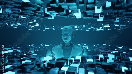 prototype of humanoid artificial intelligence inside a matrix of code , futuristic development society concept  photo