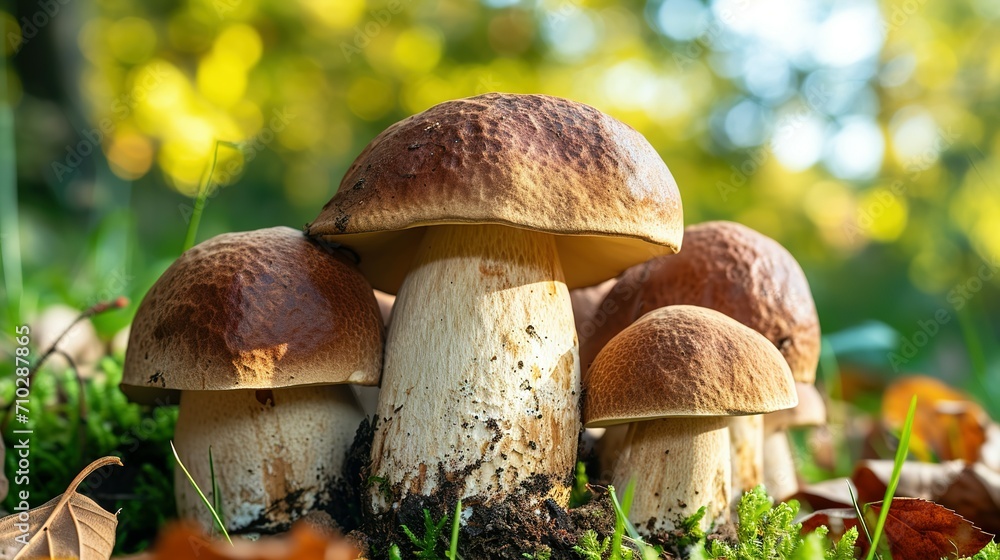 Group Boletus Edulis mushroom with brown hat (cep, porcini, king bolete, penny bun). Edible wild mushroom Group Boletus Edulis mushroom with brown hat (cep, porcini, king bolete, penny bun). Edible wild mushroom