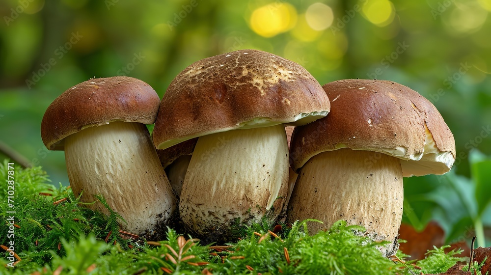 Group Boletus Edulis mushroom with brown hat (cep, porcini, king bolete, penny bun). Edible wild mushroom