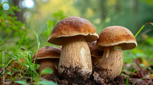Group Boletus Edulis mushroom with brown hat (cep, porcini, king bolete, penny bun). Edible wild mushroom