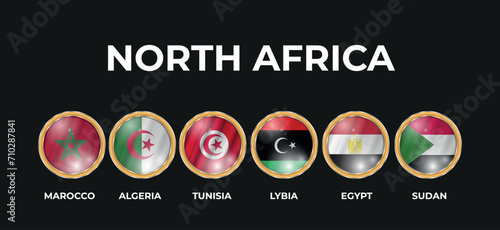 set of 3D illustrations of the flags of the countries of the North African region in a circular shape
