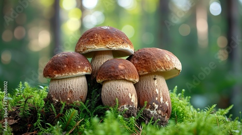 Group Boletus Edulis mushroom with brown hat (cep, porcini, king bolete, penny bun). Edible wild mushroom
