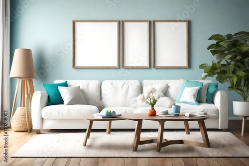 A snapshot of simplicity in a living room adorned with basic furniture, a blank white empty frame mockup, and a refreshing burst of bright colors creating a visually appealing composition.