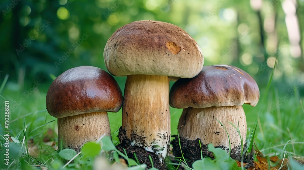 Group Boletus Edulis mushroom with brown hat (cep, porcini, king bolete, penny bun). Edible wild mushroom Group Boletus Edulis mushroom with brown hat (cep, porcini, king bolete, penny bun). Edible wild mushroom