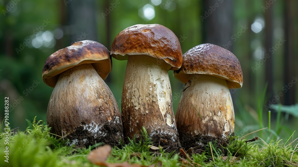 Group Boletus Edulis mushroom with brown hat (cep, porcini, king bolete, penny bun). Edible wild mushroom Group Boletus Edulis mushroom with brown hat (cep, porcini, king bolete, penny bun). Edible wild mushroom