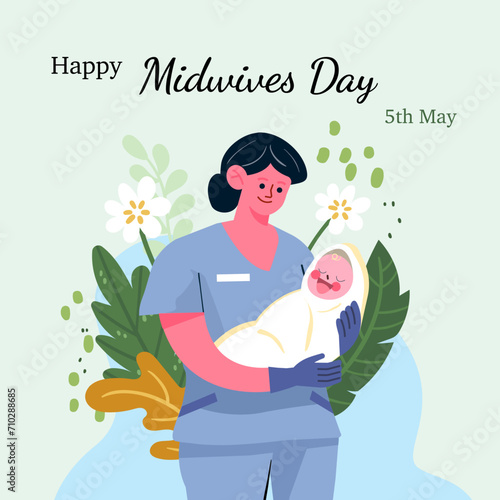 Banner with text International midwives day. A smiling female doctor holds a newborn baby in her arms. Vector illustration in cartoon style.