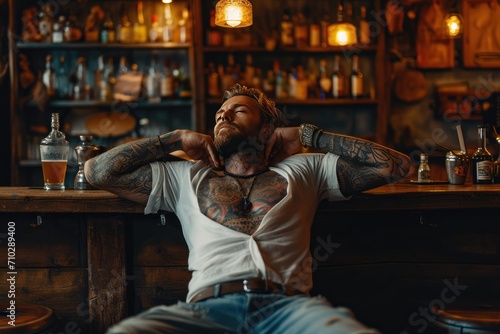 Professional male tattoo master relax in the bar. Ai generative photo
