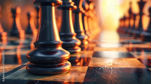 Business strategy concept background with copy space, featuring a prominent chessboard and strategic pieces.
 photo