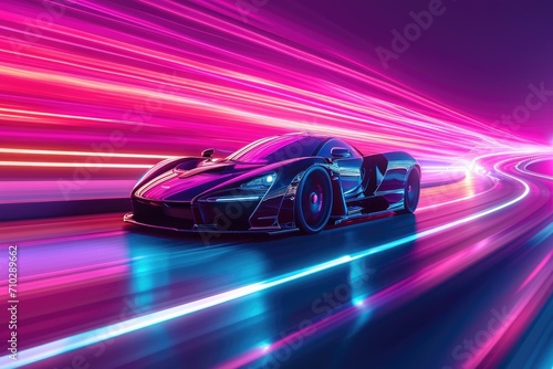 Powerful acceleration of futuristic sports supercar. Ai generative © Planum
