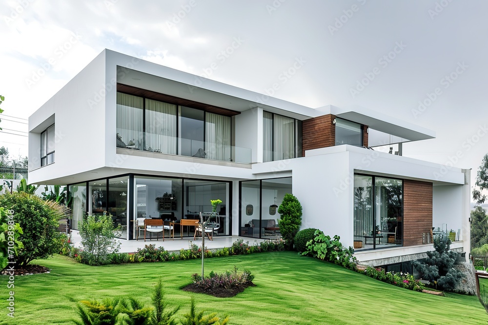 modern minimalistic home with a green garden. large sliding windows and a big white coach