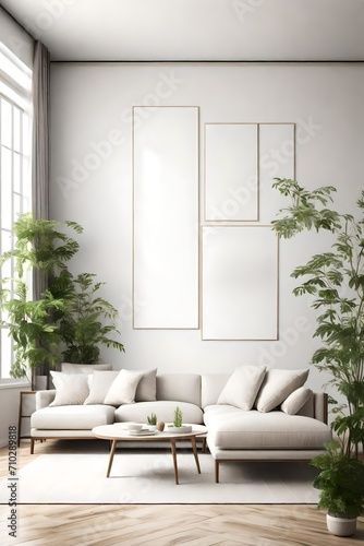 A serene living room with a neutral color palette, a simple white sectional sofa, and a blank white empty frame mockup on the wall. The room is decorated with colorful indoor plants.