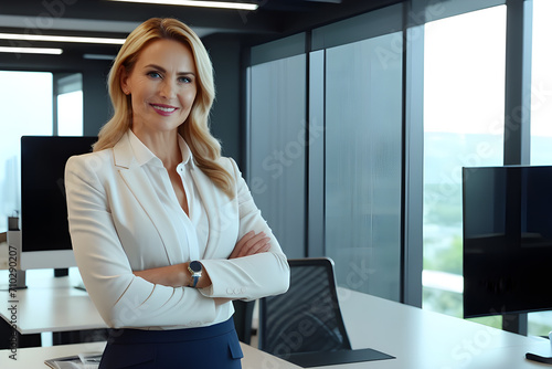 Beautiful Businesswoman standing arms crossed half body with confidence in office workplace.