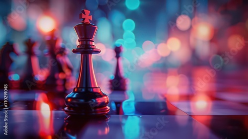 Business strategy concept background with copy space, featuring a prominent chessboard and strategic pieces. 