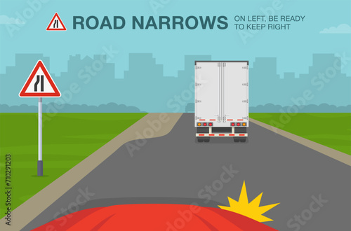 Safe driving tips and traffic regulation rules. Road narrows on left, keep right. Driver is about to change the lane moving right. Flat vector illustration template.