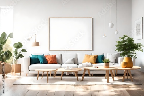 A bright and airy living room with minimalistic furniture, a blank white empty frame mockup, and a palette of vivid colors creating a serene visual ambiance.