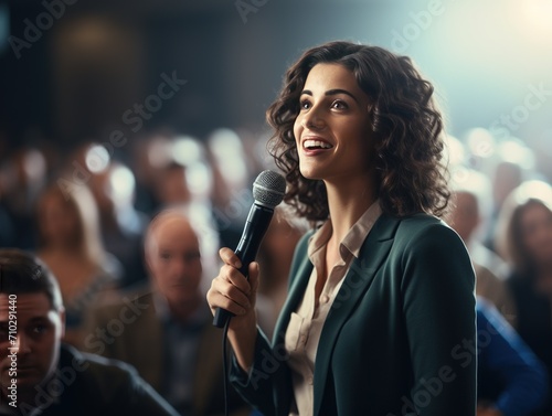 Confident Question: Seminar Attendee with Microphone,Engaged Seminar Participant