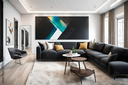 A modern living room with a sleek black sectional sofa, a blank white empty frame mockup on the wall, and pops of color from vibrant artwork. The room is illuminated by recessed lighting.
