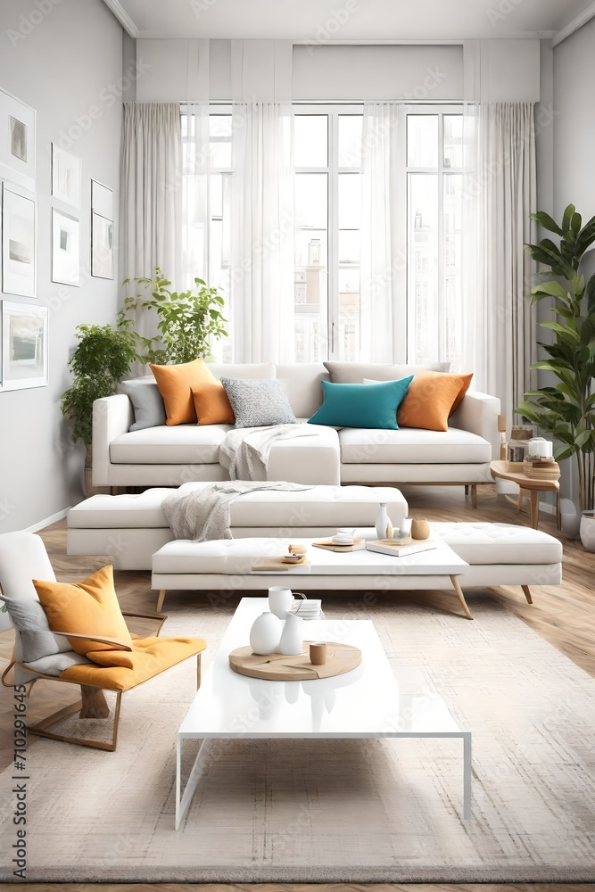 A bright living room with large windows, a simple white coffee table, and a blank white empty frame mockup on the wall. The room is adorned with colorful decorative pillows. A bright living room with large windows, a simple white coffee table, and a blank white empty frame mockup on the wall. The room is adorned with colorful decorative pillows.