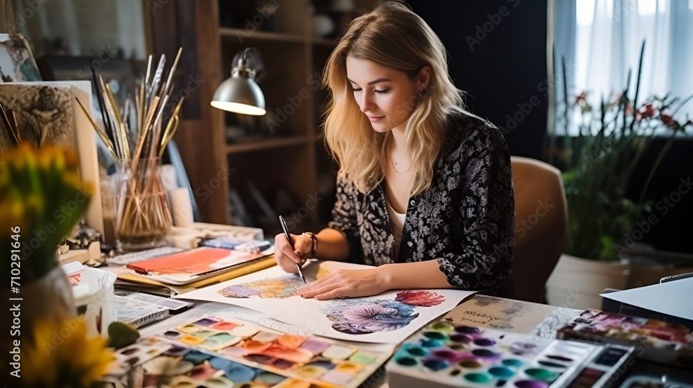 Fototapeta premium An artist with a sketchbook surrounded by creative tools , artist, sketchbook, creative tools