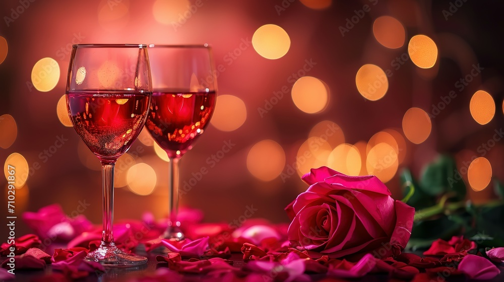 Romantic concept. Two glasses of vine with pink rose petals with bokeh background. Valentine's day banner. Celebration with wine and red rose Romantic concept. Two glasses of vine with pink rose petals with bokeh background. Valentine's day banner. Celebration with wine and red rose
