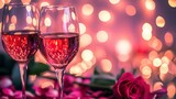 Romantic concept. Two glasses of vine with pink rose petals with bokeh background. Valentine's day banner. Celebration with wine and red rose