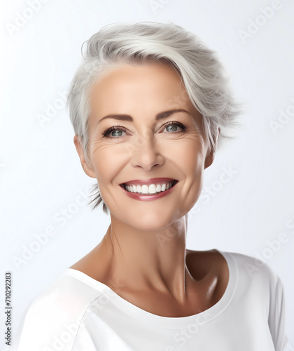 Portrait of gorgeous happy middle-aged mature grey-haired woman smiling and looking at camera isolated on white. Middle age skincare cosmetics  cosmetology concept. Ads of lifting anti-wrinkle skin 