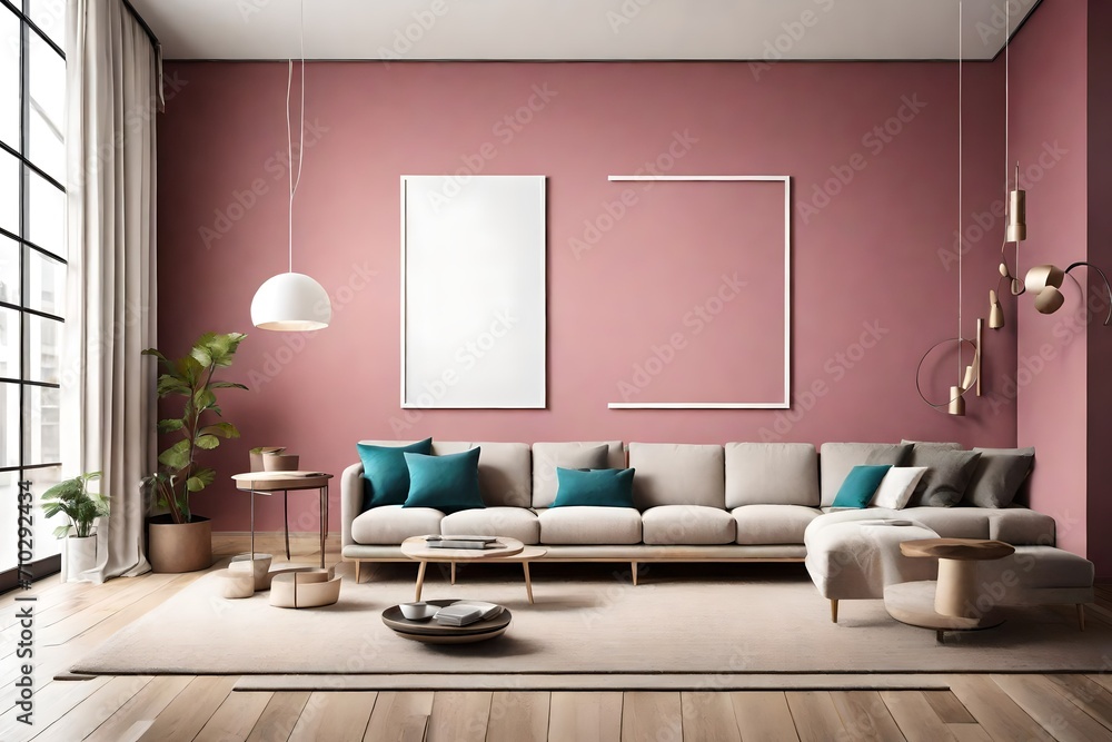 An elegantly minimalistic living space adorned with a single sofa, a blank white frame mockup on a solid color wall, and a vibrant color accent, softly illuminated by a contemporary pendant light. An elegantly minimalistic living space adorned with a single sofa, a blank white frame mockup on a solid color wall, and a vibrant color accent, softly illuminated by a contemporary pendant light.
