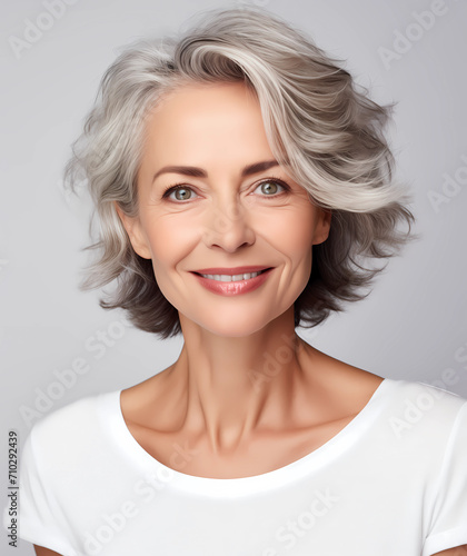 Portrait of gorgeous happy middle-aged mature grey-haired woman smiling and looking at camera isolated on white. Middle age skincare cosmetics, cosmetology concept. Ads of lifting anti-wrinkle skin 