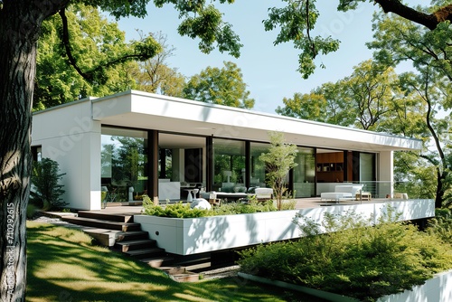 modern minimalistic home with a green garden. large sliding windows and a big white coach © Intelligence Studio