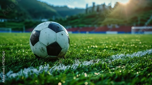 Soccer football background with ample copy space, accentuating the prominent football with a dynamic background setting. 