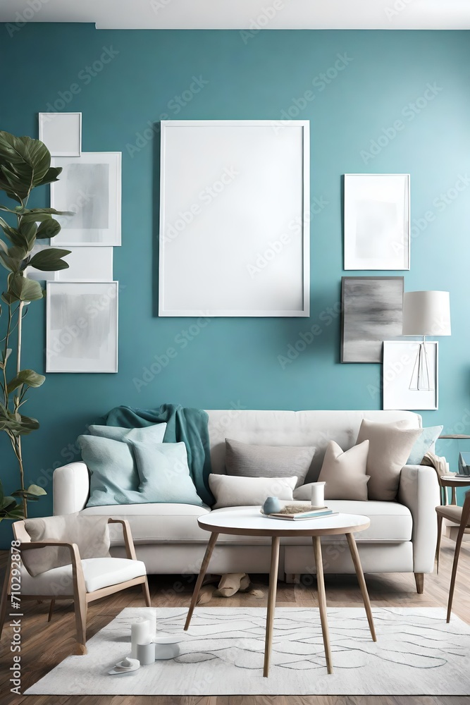 An uncluttered living room with simple yet stylish furniture, offering a blank white empty frame mockup against a backdrop of calming, cool colors. An uncluttered living room with simple yet stylish furniture, offering a blank white empty frame mockup against a backdrop of calming, cool colors.