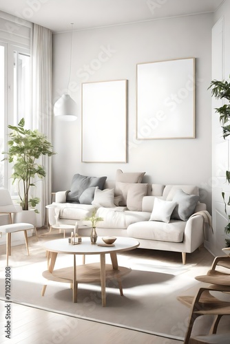 A light-filled living room with basic furnishings and a blank white empty frame mockup  creating a serene atmosphere with a touch of modern simplicity.