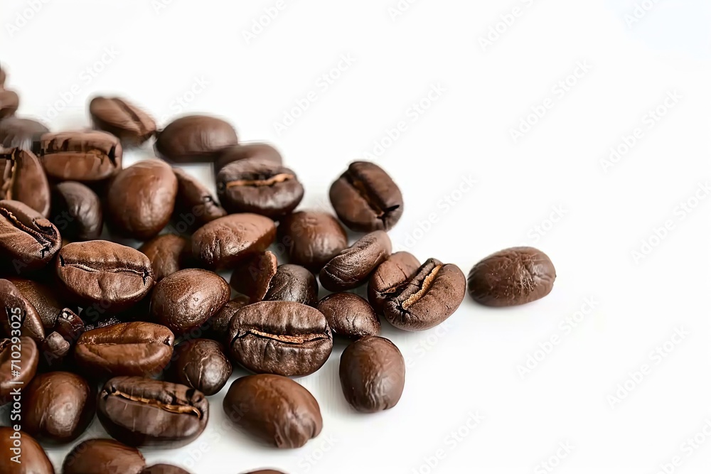 Rich roasted coffee beans on white background isolated. Close up view of brown caffeine goodness perfectly capture aroma and flavor in studio setting ideal for enthusiasts and food photography Rich roasted coffee beans on white background isolated. Close up view of brown caffeine goodness perfectly capture aroma and flavor in studio setting ideal for enthusiasts and food photography