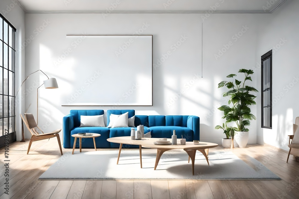 A minimalist living room with a white sofa, a blank white empty frame mockup on the wall, and a vibrant blue accent chair. The room is illuminated by natural light from large windows. A minimalist living room with a white sofa, a blank white empty frame mockup on the wall, and a vibrant blue accent chair. The room is illuminated by natural light from large windows.