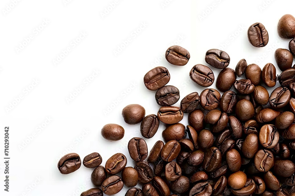 Rich roasted coffee beans on white background isolated. Close up view of brown caffeine goodness perfectly capture aroma and flavor in studio setting ideal for enthusiasts and food photography Rich roasted coffee beans on white background isolated. Close up view of brown caffeine goodness perfectly capture aroma and flavor in studio setting ideal for enthusiasts and food photography