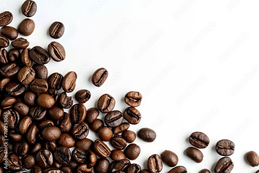 Obraz premium Rich roasted coffee beans on white background isolated. Close up view of brown caffeine goodness perfectly capture aroma and flavor in studio setting ideal for enthusiasts and food photography