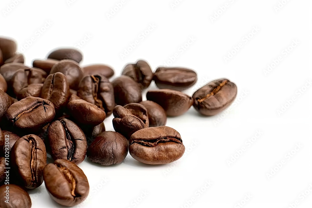 Rich roasted coffee beans on white background isolated. Close up view of brown caffeine goodness perfectly capture aroma and flavor in studio setting ideal for enthusiasts and food photography Rich roasted coffee beans on white background isolated. Close up view of brown caffeine goodness perfectly capture aroma and flavor in studio setting ideal for enthusiasts and food photography
